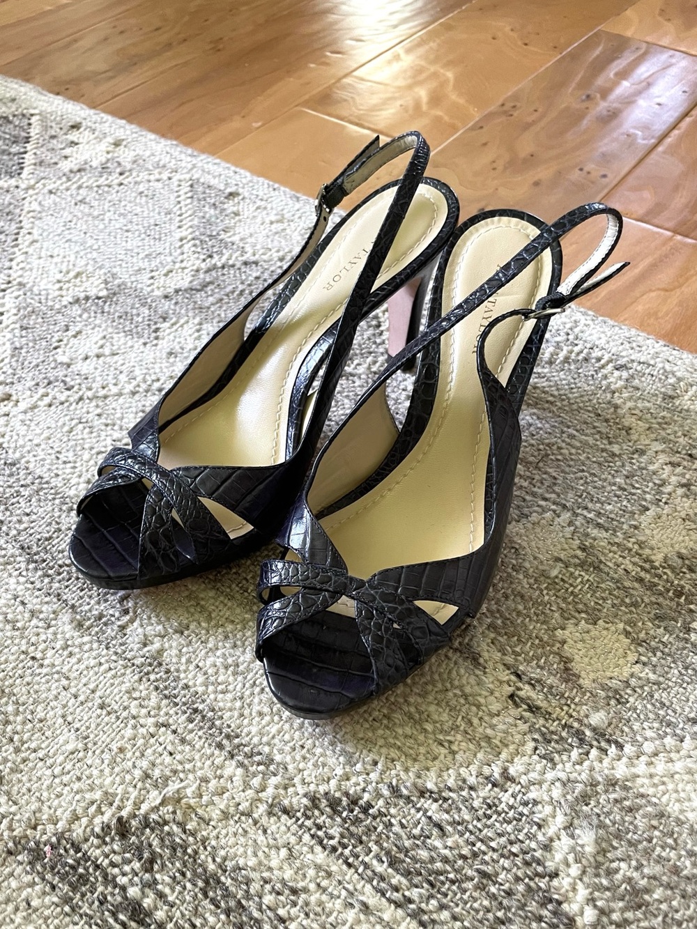 Ann Taylor Women’s Navy Leather Croc Embossed Slingback Peep-Toe Heels